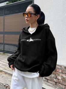 DAZY Đồ họa núi & chữ Thả vai Một nửa khóa kéo Hoodie - màu đen - Xem 5