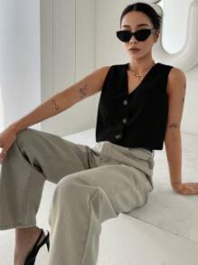 DAZY Áo vest dáng ngắn cài cúc phía trước, trang phục công sở. - màu đen - Xem 5