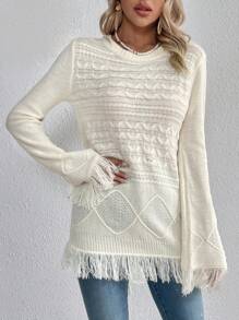 SHEIN VCAY Fringe Trim Flounce Sleeve Cable Knit Sweater