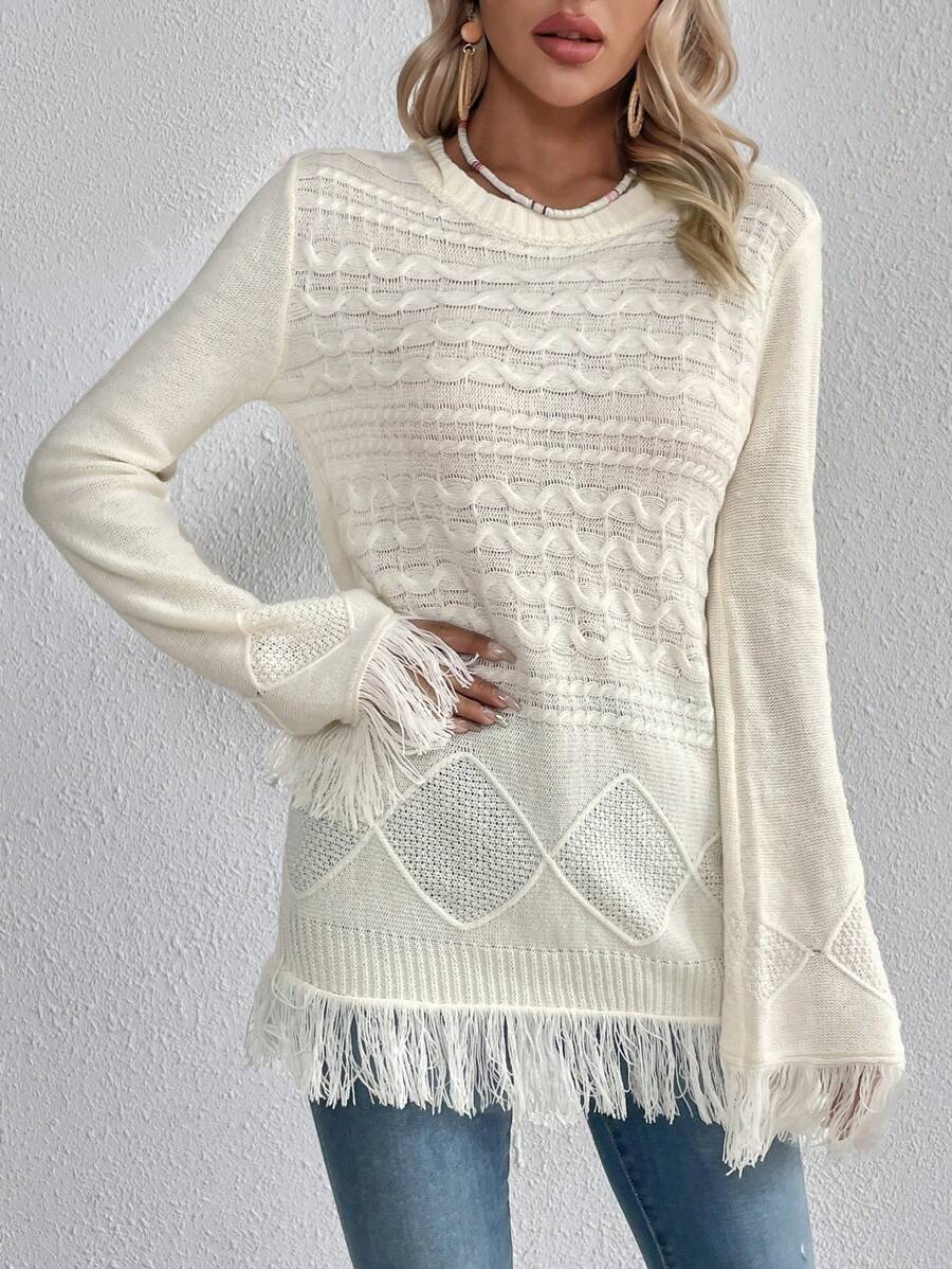 SHEIN VCAY Fringe Trim Flounce Sleeve Cable Knit Sweater