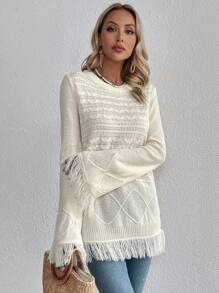 SHEIN VCAY Fringe Trim Flounce Sleeve Cable Knit Sweater