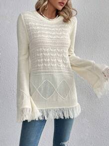 SHEIN VCAY Fringe Trim Flounce Sleeve Cable Knit Sweater
