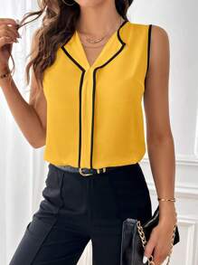 SHEIN Privé Summer Yellow Shirt Contrast Binding Sleeveless Blouse,Sleeveless Tops