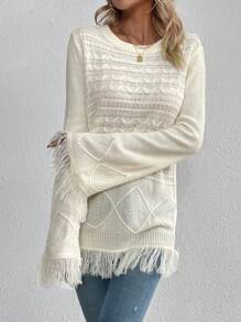 SHEIN VCAY Fringe Trim Flounce Sleeve Cable Knit Sweater