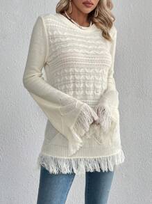 SHEIN VCAY Fringe Trim Flounce Sleeve Cable Knit Sweater