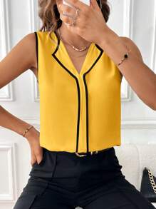 SHEIN Privé Summer Yellow Shirt Contrast Binding Sleeveless Blouse,Sleeveless Tops