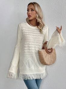 SHEIN VCAY Fringe Trim Flounce Sleeve Cable Knit Sweater