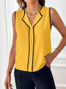 SHEIN Privé Summer Yellow Shirt Contrast Binding Sleeveless Blouse,Sleeveless Tops
