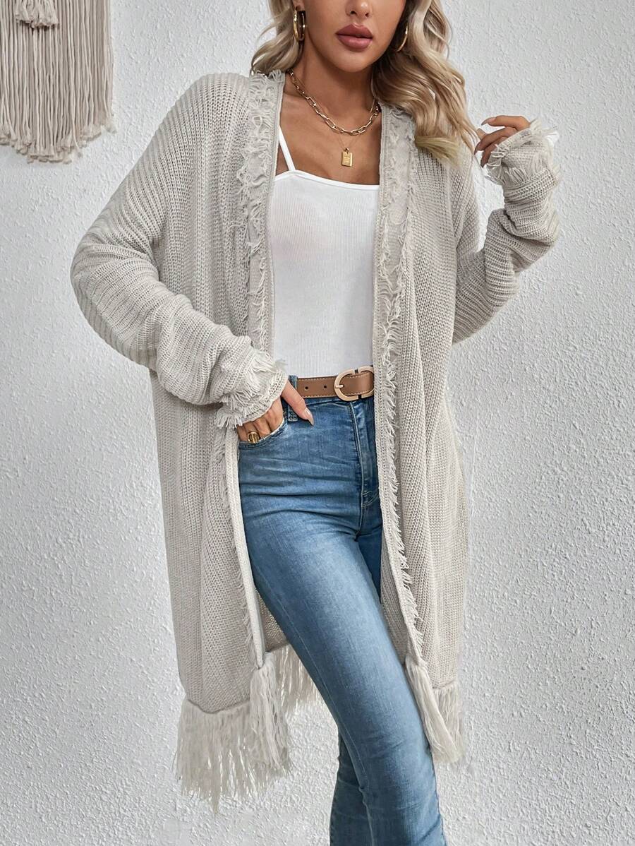 SHEIN VCAY Fringe Trim Drop Shoulder Duster Cardigan - Light Grey - View 1