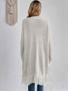 SHEIN VCAY Fringe Trim Drop Shoulder Duster Cardigan - Light Grey - View 2