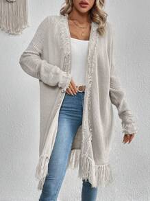 SHEIN VCAY Fringe Trim Drop Shoulder Duster Cardigan - Light Grey - View 3