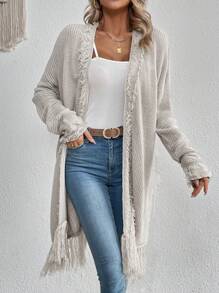 SHEIN VCAY Fringe Trim Drop Shoulder Duster Cardigan - Light Grey - View 4