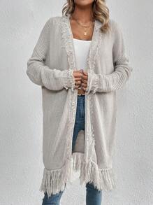 SHEIN VCAY Fringe Trim Drop Shoulder Duster Cardigan - Light Grey - View 5