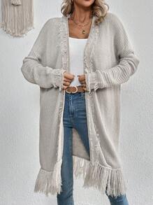 SHEIN VCAY Fringe Trim Drop Shoulder Duster Cardigan - Light Grey - View 6