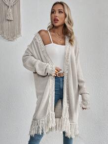 SHEIN VCAY Fringe Trim Drop Shoulder Duster Cardigan - Light Grey - View 7