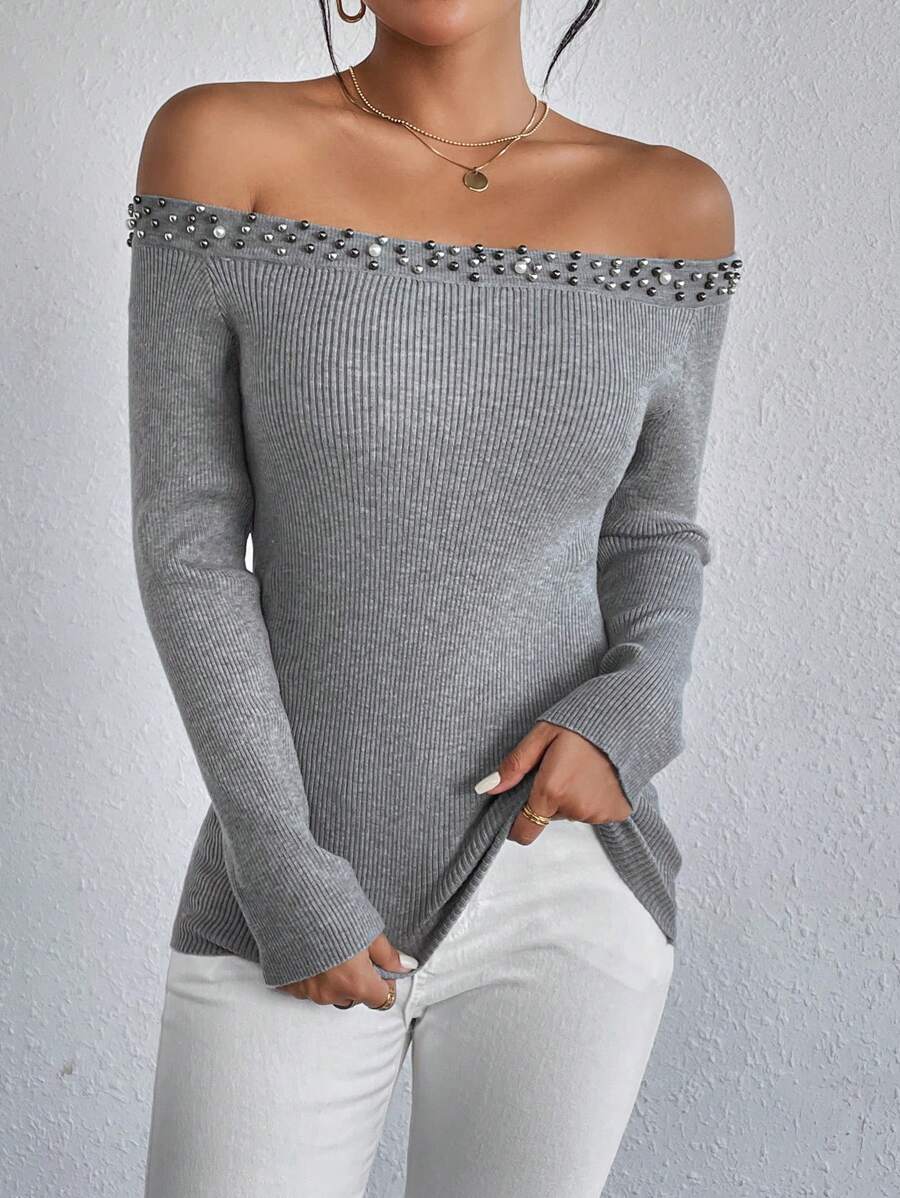 SHEIN LUNE Jersey de hombros descubiertos con cuenta de perla - Gris - Ver 1