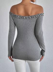 SHEIN LUNE Jersey de hombros descubiertos con cuenta de perla - Gris - Ver 2
