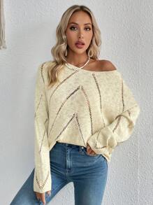 SHEIN VCAY Dệt kim chấm bi Thả vai Áo len - Màu be - Xem 6