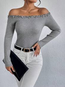SHEIN LUNE Jersey de hombros descubiertos con cuenta de perla - Gris - Ver 3