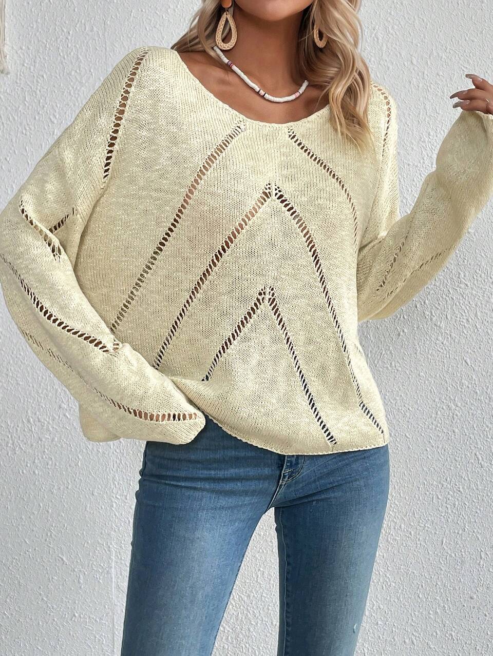 Pointelle Knit Drop Shoulder Sweater