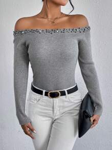 SHEIN LUNE Jersey de hombros descubiertos con cuenta de perla - Gris - Ver 4