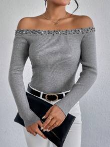 SHEIN LUNE Jersey de hombros descubiertos con cuenta de perla - Gris - Ver 5
