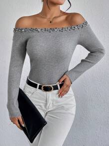 SHEIN LUNE Jersey de hombros descubiertos con cuenta de perla - Gris - Ver 6