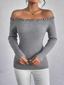 SHEIN LUNE Jersey de hombros descubiertos con cuenta de perla - Gris - Ver 7