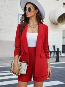 SHEIN Privé 1 Miếng Khăn quàng Mở Mặt trước Áo vest & 1 Miếng Quần short - Đỏ - Xem 3