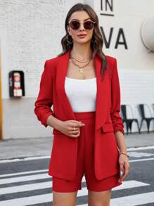 SHEIN Privé 1 Miếng Khăn quàng Mở Mặt trước Áo vest & 1 Miếng Quần short - Đỏ - Xem 6