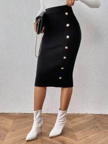 SHEIN Clasi Button Detail Knit Skirt In Fall/Winter - Black - View 7