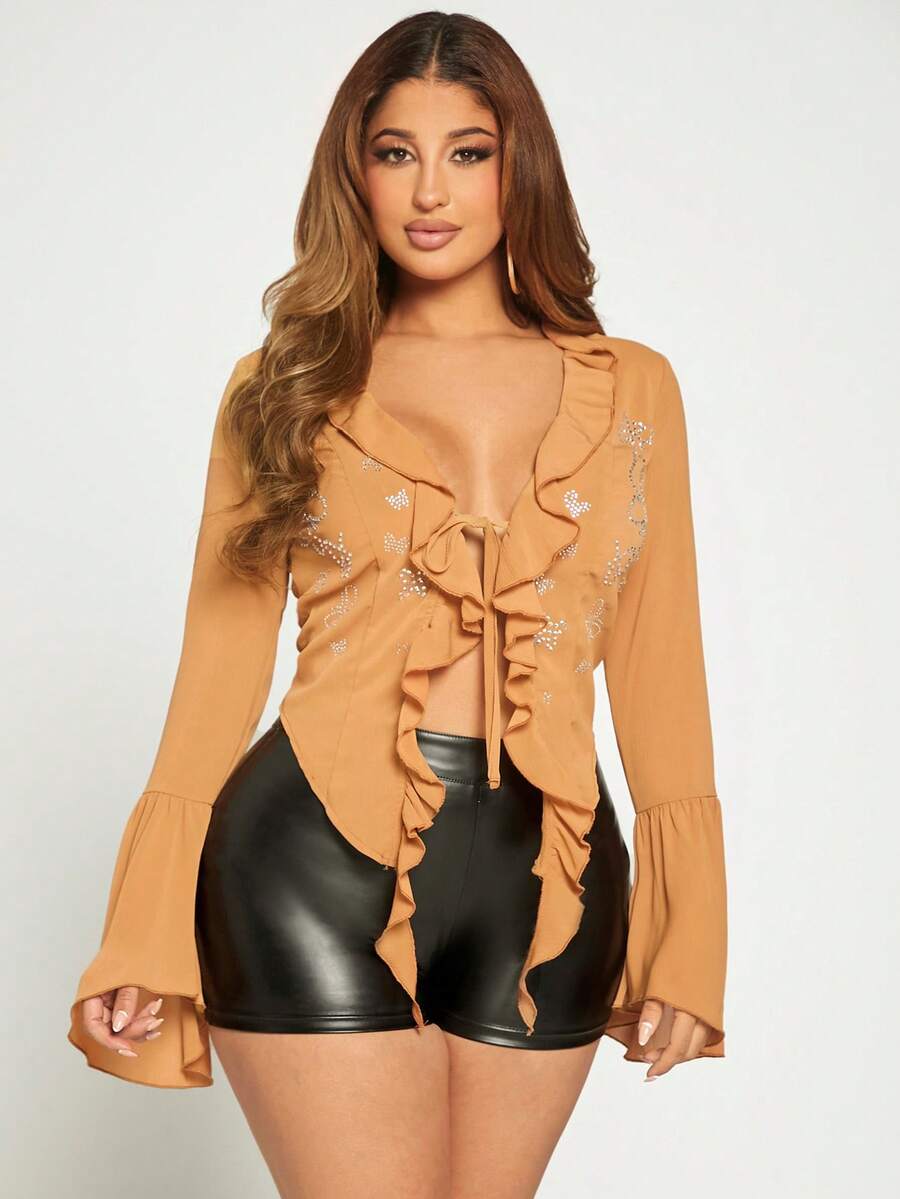 SHEIN SXY Rhinestone Chi tiết Viền Ruffle Tay áo loe Tie Trước Áo sơ mi - Lạc đà - Xem 1