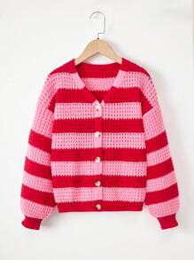 SHEIN 女大童雙色條紋圖案落肩袖開襟衫 - 彩色 - 查看 1