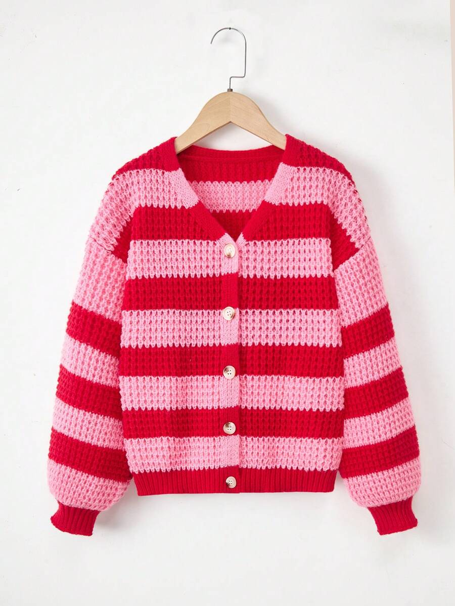 SHEIN 女大童雙色條紋圖案落肩袖開襟衫 - 彩色 - 查看 1