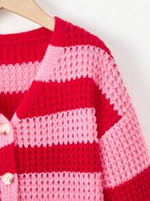 SHEIN 女大童雙色條紋圖案落肩袖開襟衫 - 彩色 - 查看 4