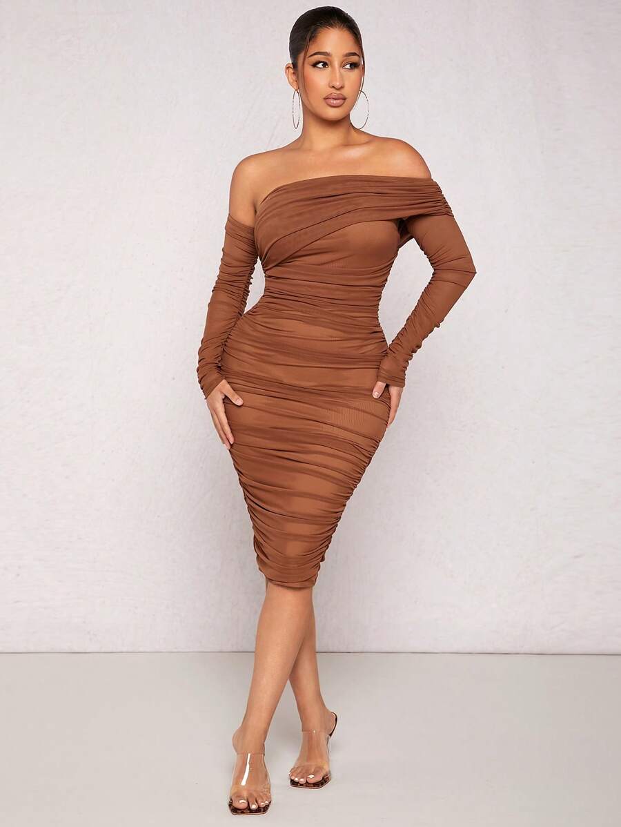 SHEIN SXY Off Shoulder Ruched Mesh Bodycon Dress Birthday Outfit Valentine Day Bachelorette Party Spring Summer Women Outfit - Brown - View 1