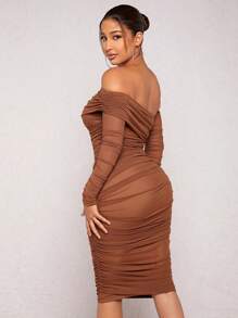 SHEIN SXY Off Shoulder Ruched Mesh Bodycon Dress Birthday Outfit Valentine Day Bachelorette Party Spring Summer Women Outfit - Brown - View 2