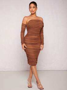SHEIN SXY Off Shoulder Ruched Mesh Bodycon Dress Birthday Outfit Valentine Day Bachelorette Party Spring Summer Women Outfit - Brown - View 3