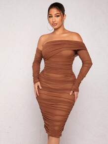 SHEIN SXY Off Shoulder Ruched Mesh Bodycon Dress Birthday Outfit Valentine Day Bachelorette Party Spring Summer Women Outfit - Brown - View 4