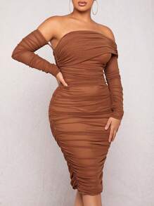 SHEIN SXY Off Shoulder Ruched Mesh Bodycon Dress Birthday Outfit Valentine Day Bachelorette Party Spring Summer Women Outfit - Brown - View 6