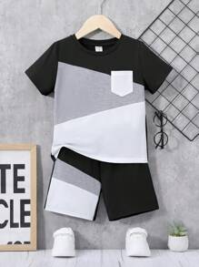 SHEIN garoto jovem Bloco De Cores Corrigido Bolso Camiseta & Shorts