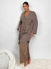 SHEIN SXY Drop Shoulder Belted Coat - Mocha Brown - View 3