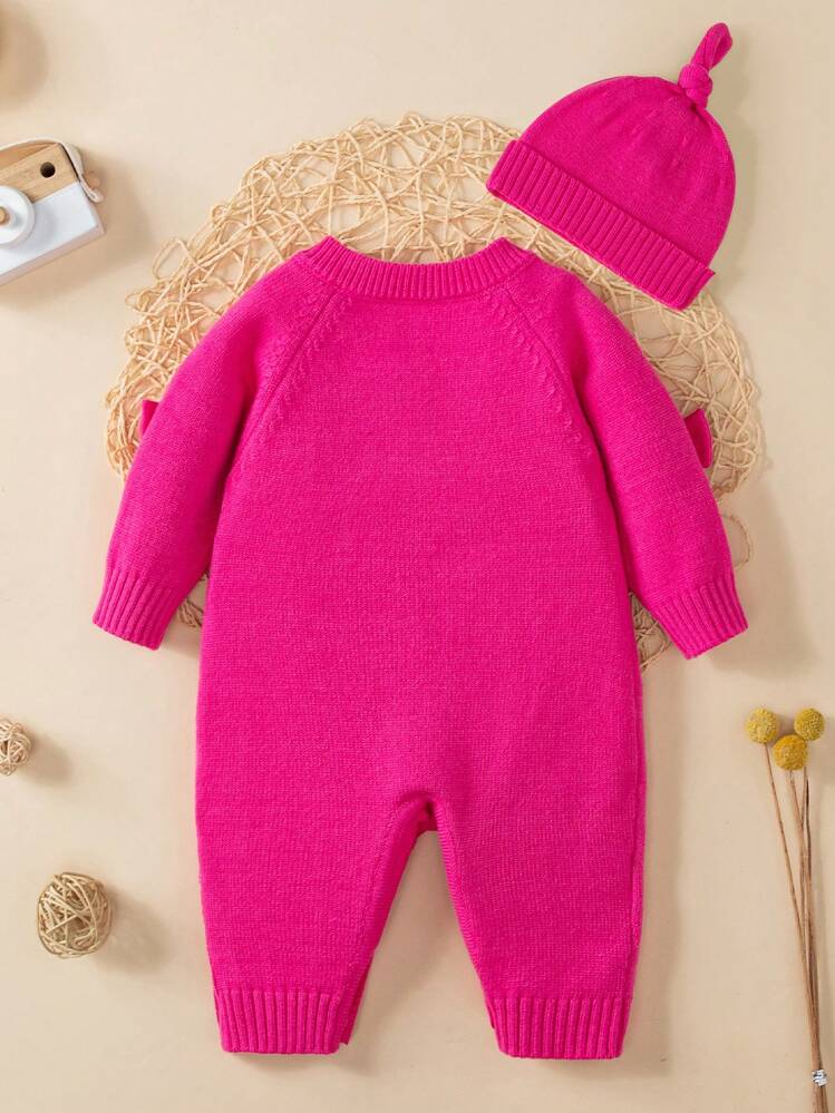 Baby Girl Bow Front Raglan Sleeve Pointelle Knit Jumpsuit - Hot Pink - View 2