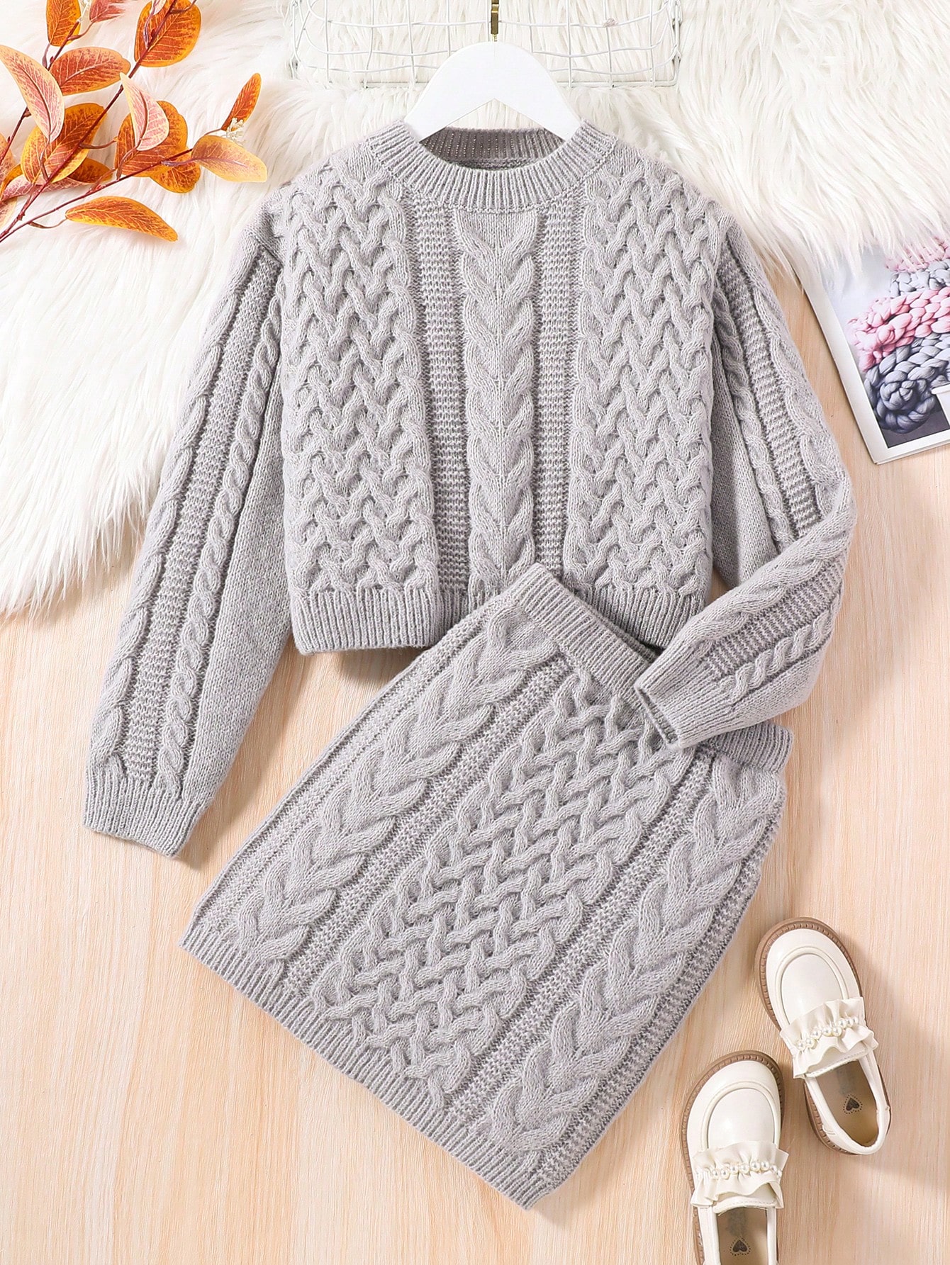 Tween Girl Cable Knit Sweater & Knit Skirt SHEIN USA