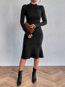 SHEIN Clasi Cổ giả Nàng tiên cá Hem Đầm Áo len - màu đen - Xem 5