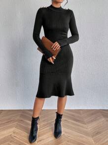 SHEIN Clasi Cổ giả Nàng tiên cá Hem Đầm Áo len - màu đen - Xem 6