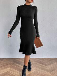 SHEIN Clasi Cổ giả Nàng tiên cá Hem Đầm Áo len - màu đen - Xem 7