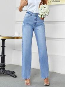 SHEIN Frenchy 素色直筒牛仔褲 - 淺色水洗藍 - 查看 1