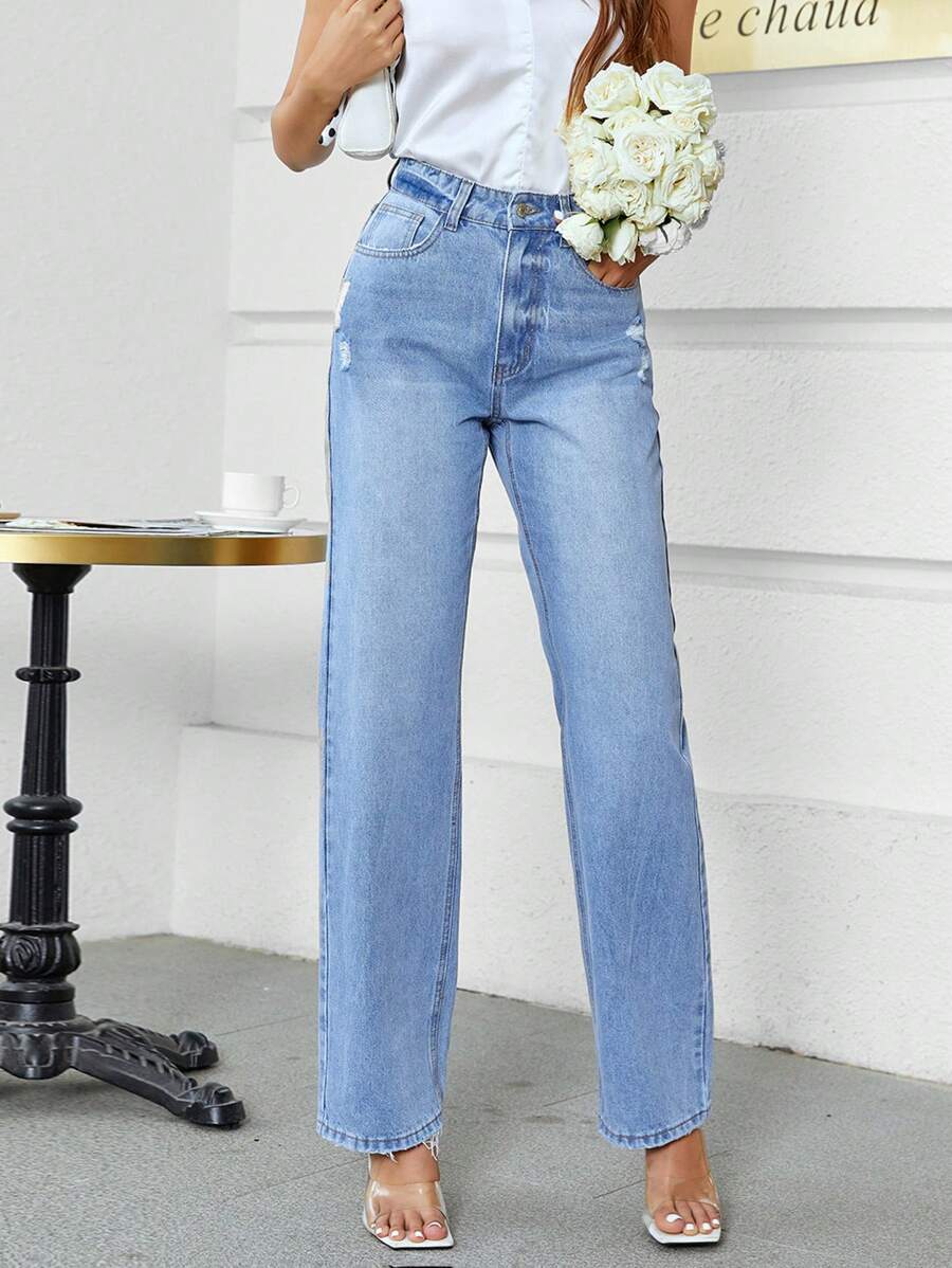 SHEIN Frenchy 素色直筒牛仔褲 - 淺色水洗藍 - 查看 1