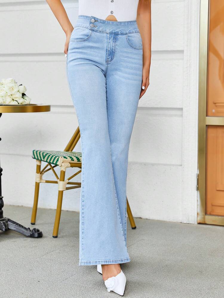 SHEIN Privé Cat Whisker Flare Leg Jeans - Light Wash - View 4